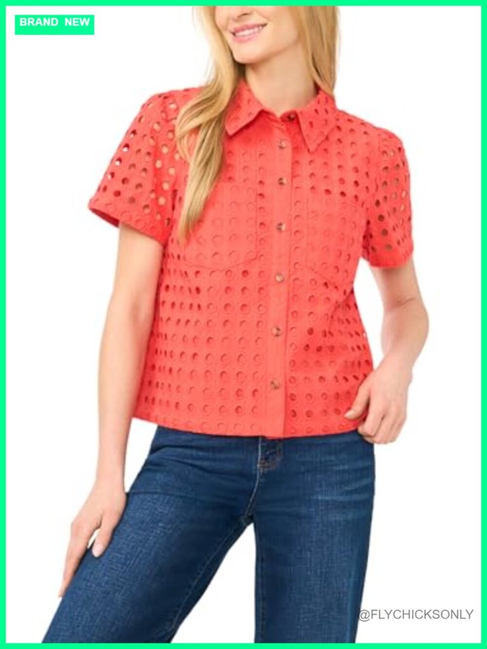 Eyelet Button Down Collared Short Sleeve Blouse Swing Top